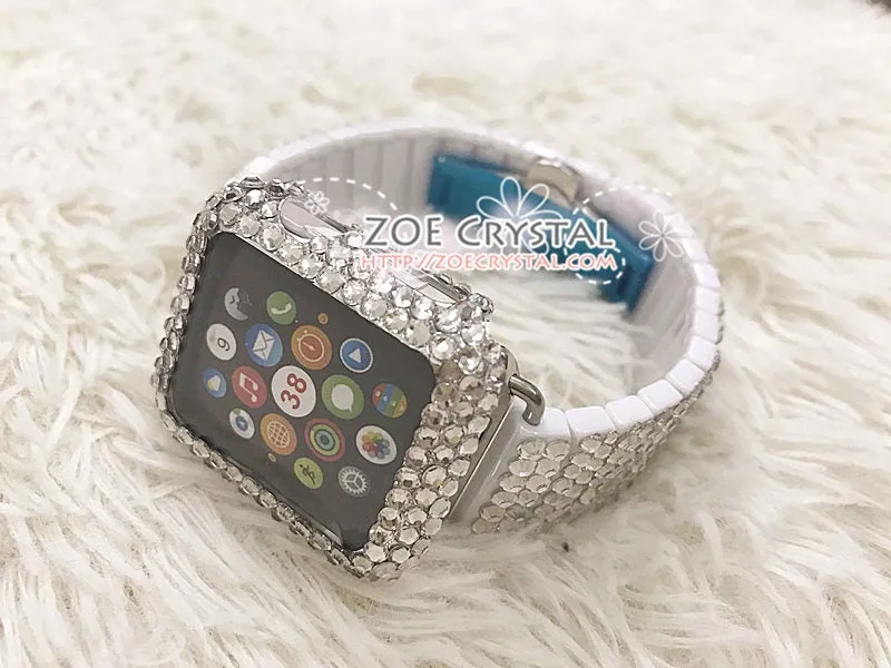 Apple Watch Bling BEDAZZLED Clear white Swarovski Crystal Case Protector Cover Luxury with a White Rhinestone iWatch Band Strap