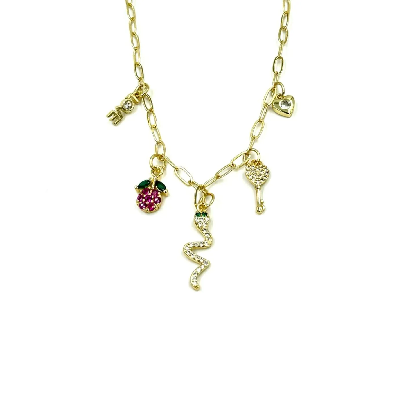 Ashley Gold Stainless Steel Gold Plated Assorted 5 Charm CZ Necklace