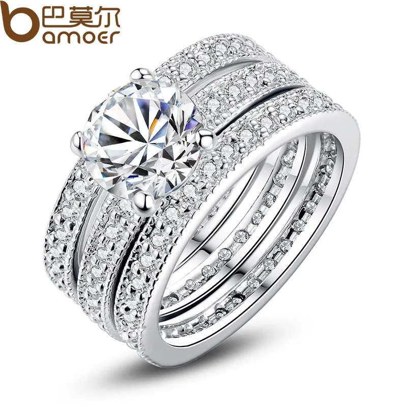 BAMOER Luxury Brand Fashion Silver Color Bridal Set Ring for Women with Paved Micro Zircon Crystal Wedding Jewelry YIR031