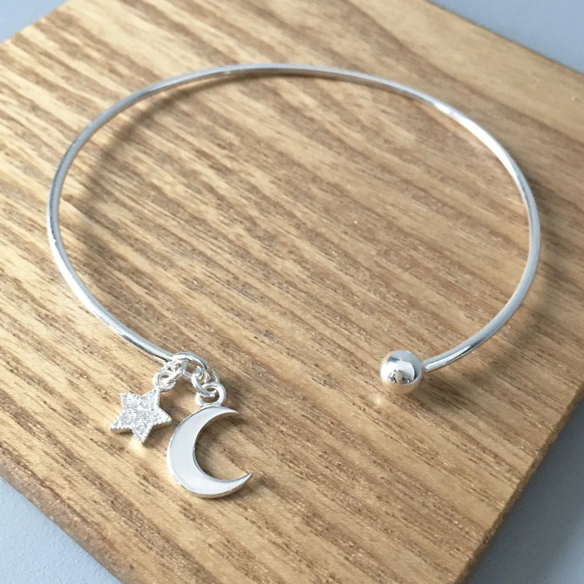 Bangle. Sterling Silver. Moon & Star Charms. Personalised Gift Box