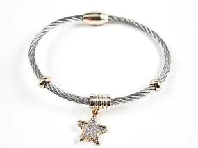 Beautiful Textured Cable Wire Style Magnetic Clasp Two Tone Dangle Star CZ Steel Bangle