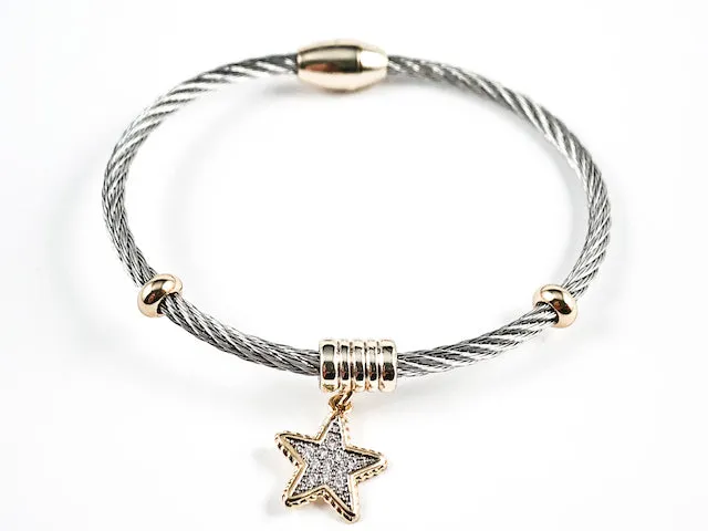 Beautiful Textured Cable Wire Style Magnetic Clasp Two Tone Dangle Star CZ Steel Bangle