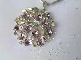 BEAUTIFUL Vintage Crown Trifari Pendant and Chain, Sparkling Faceted Purple White Glass Stones,Silver Snake Chain, Lovely Vintage Necklace