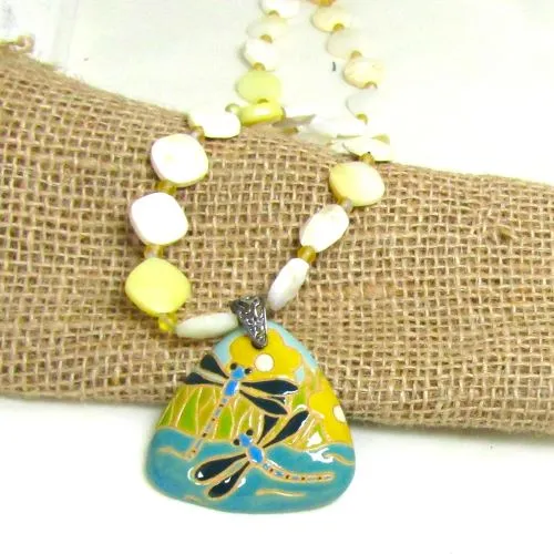 Big Bold Necklace in African Opal with Hand Painted Dragonfly Pendant