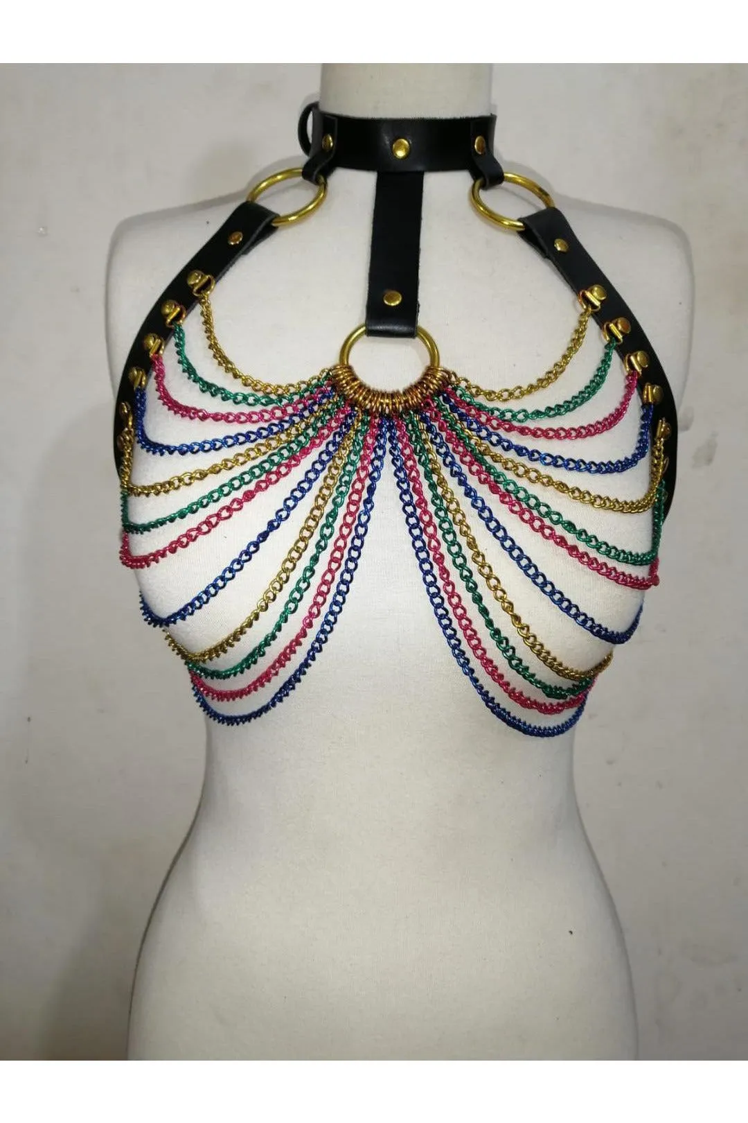 Black Faux Leather & Rainbow Metallic Chain Harness