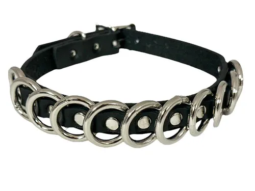 Black Leather Collar w/ Multi Silver Rings