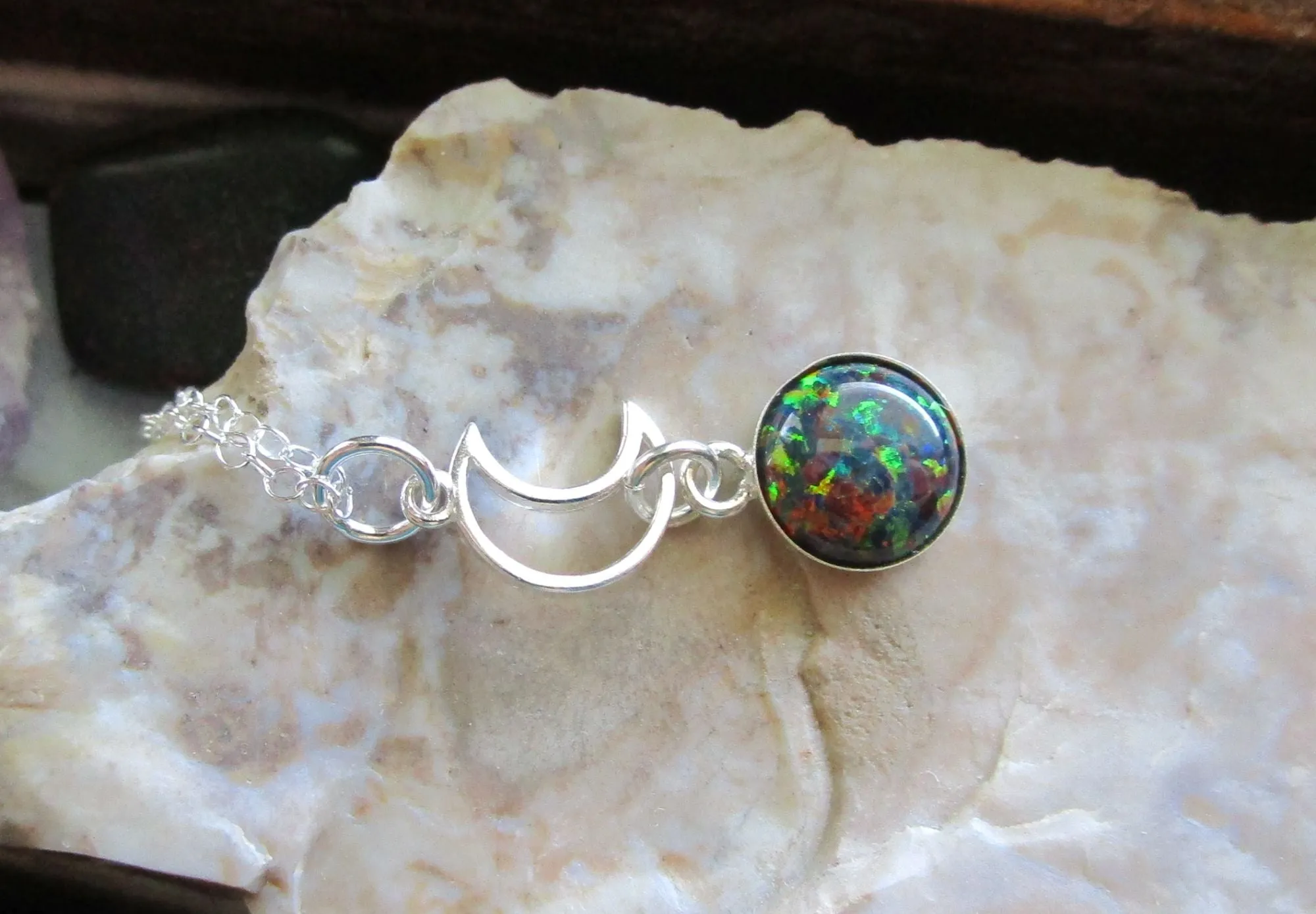 Black Opal Gemstone Sterling Silver Moon Pendant Necklace