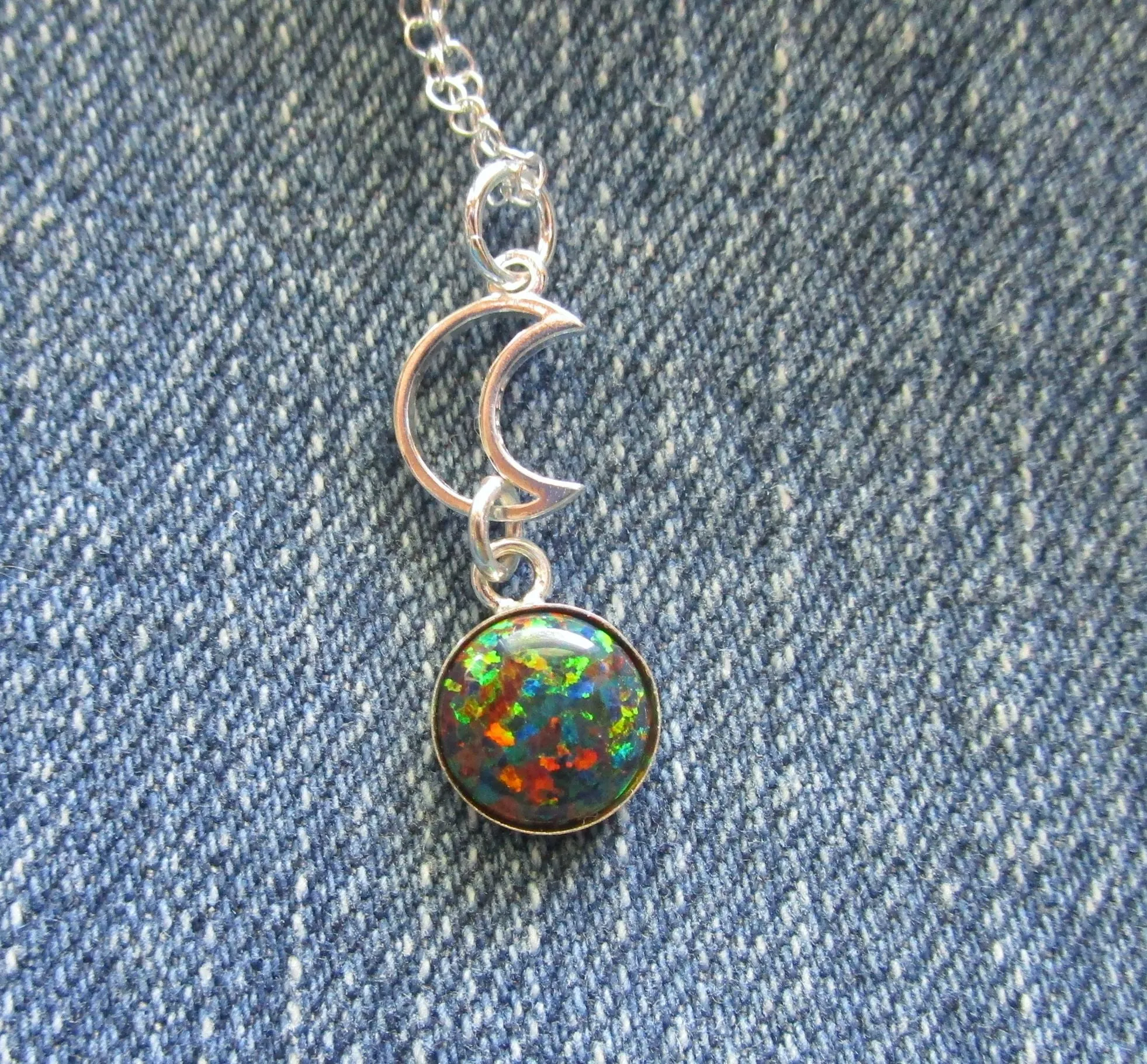 Black Opal Gemstone Sterling Silver Moon Pendant Necklace