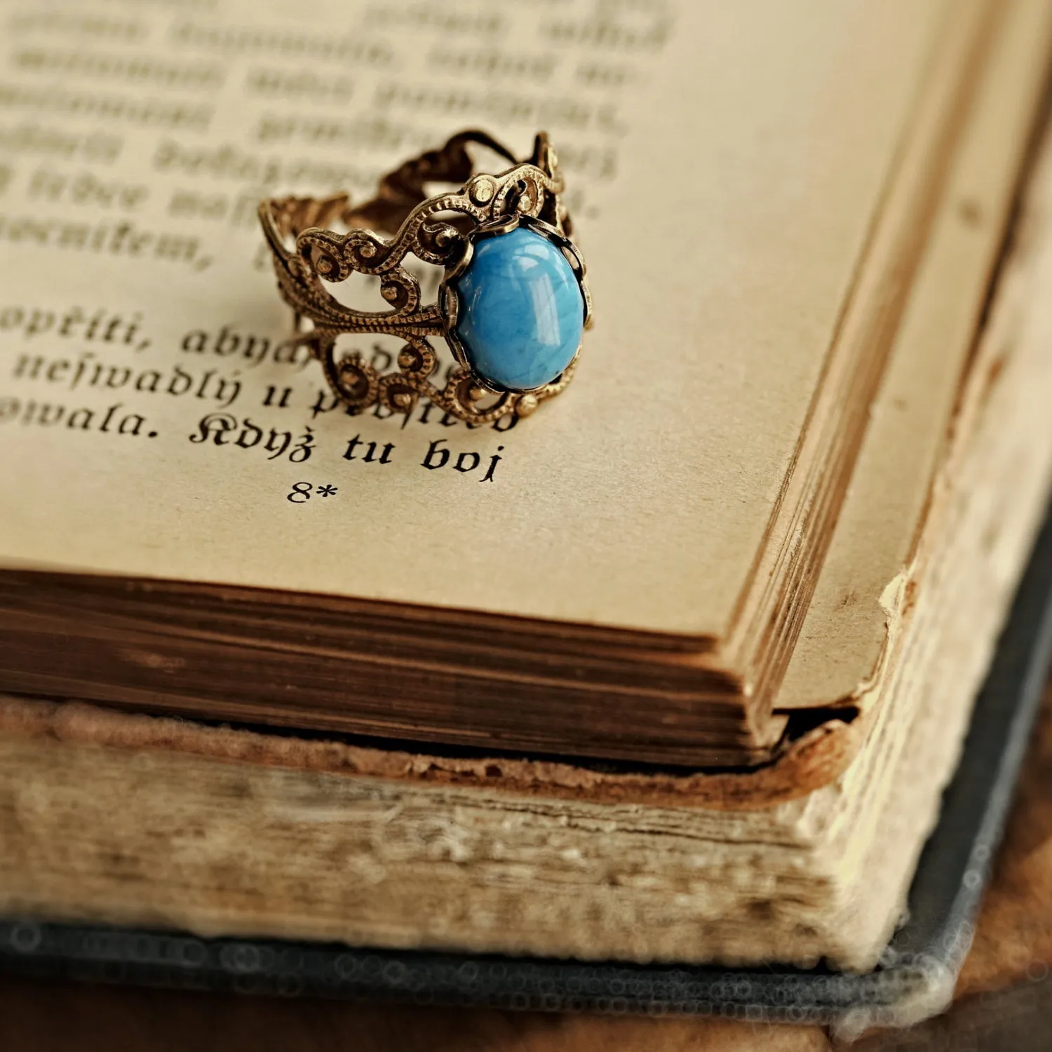 Blue Howlite Filigree Ring in Brass or Silver