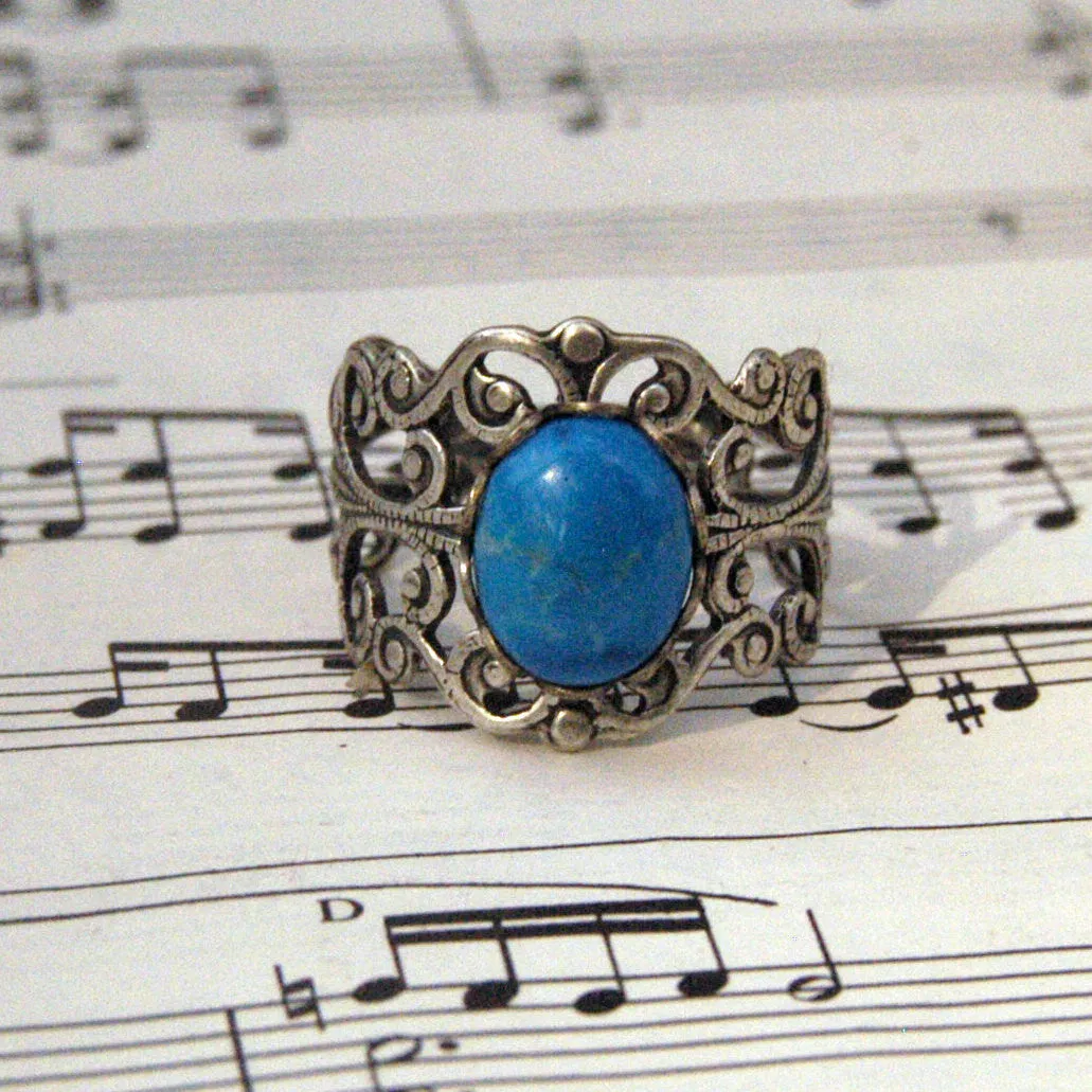 Blue Howlite Filigree Ring in Brass or Silver