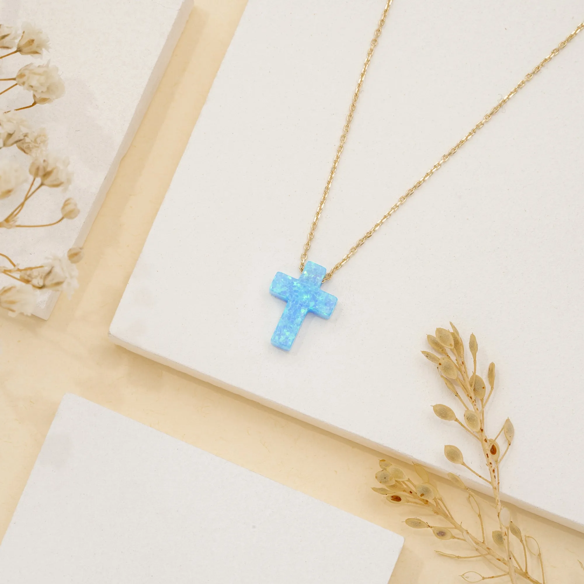 Blue Opal Cross Necklace, Ophelia