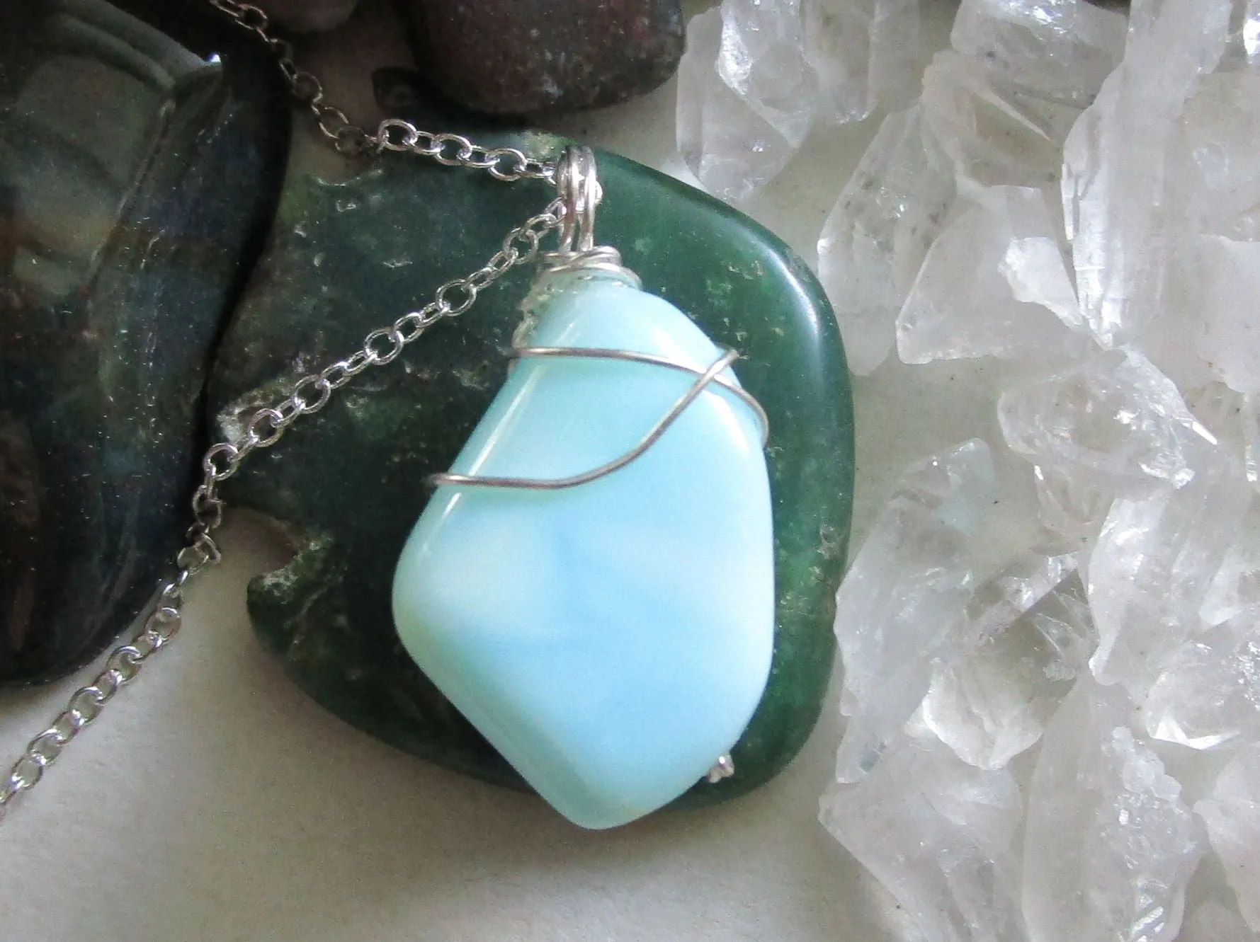 Blue Peruvian Opal Natural Gemstone Pendant Necklace