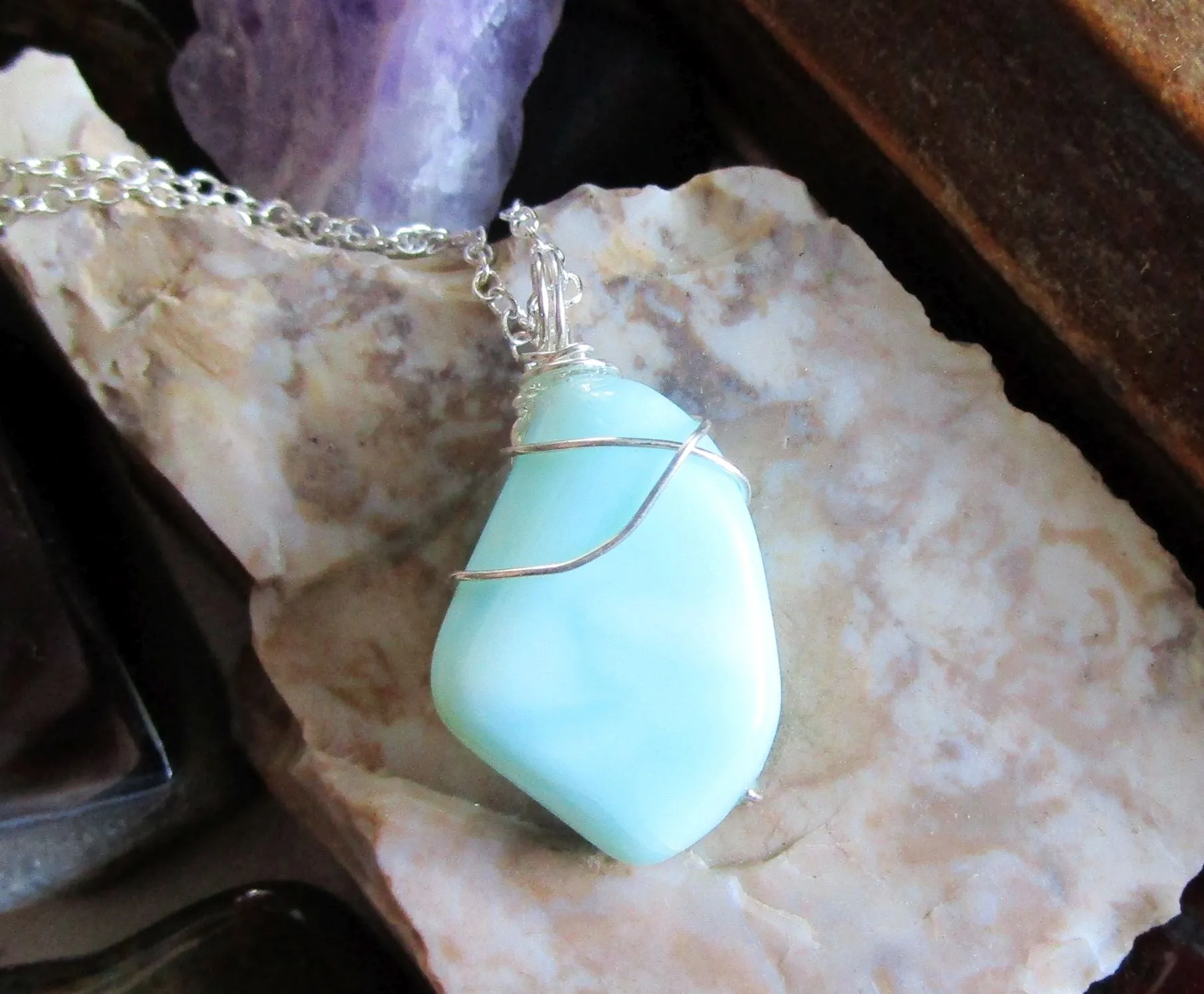 Blue Peruvian Opal Natural Gemstone Pendant Necklace