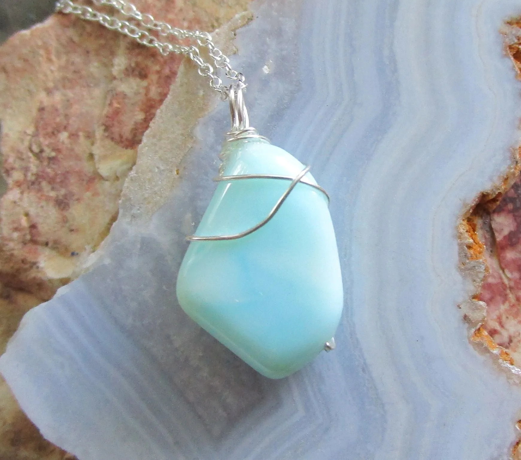 Blue Peruvian Opal Natural Gemstone Pendant Necklace