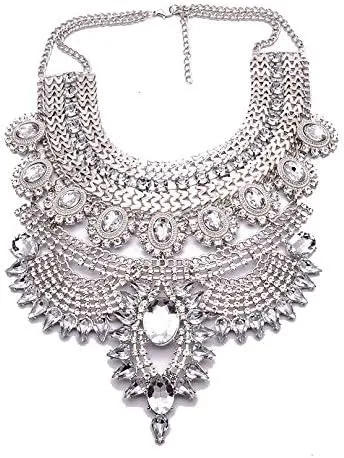 Boho Festival Silver Color Rhinestone Collar Necklace