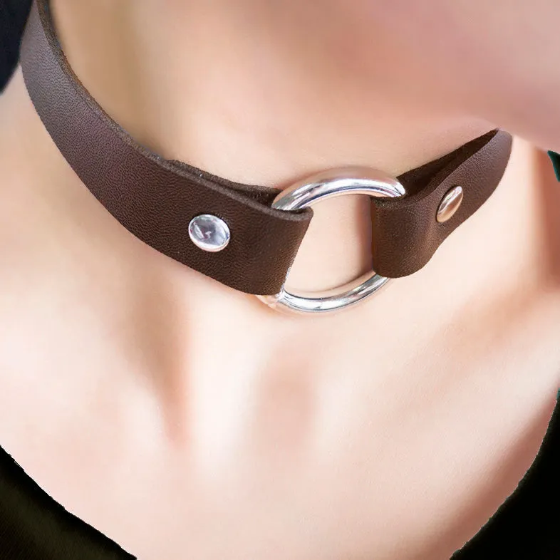 Brown Leather Look O-Ring Collar