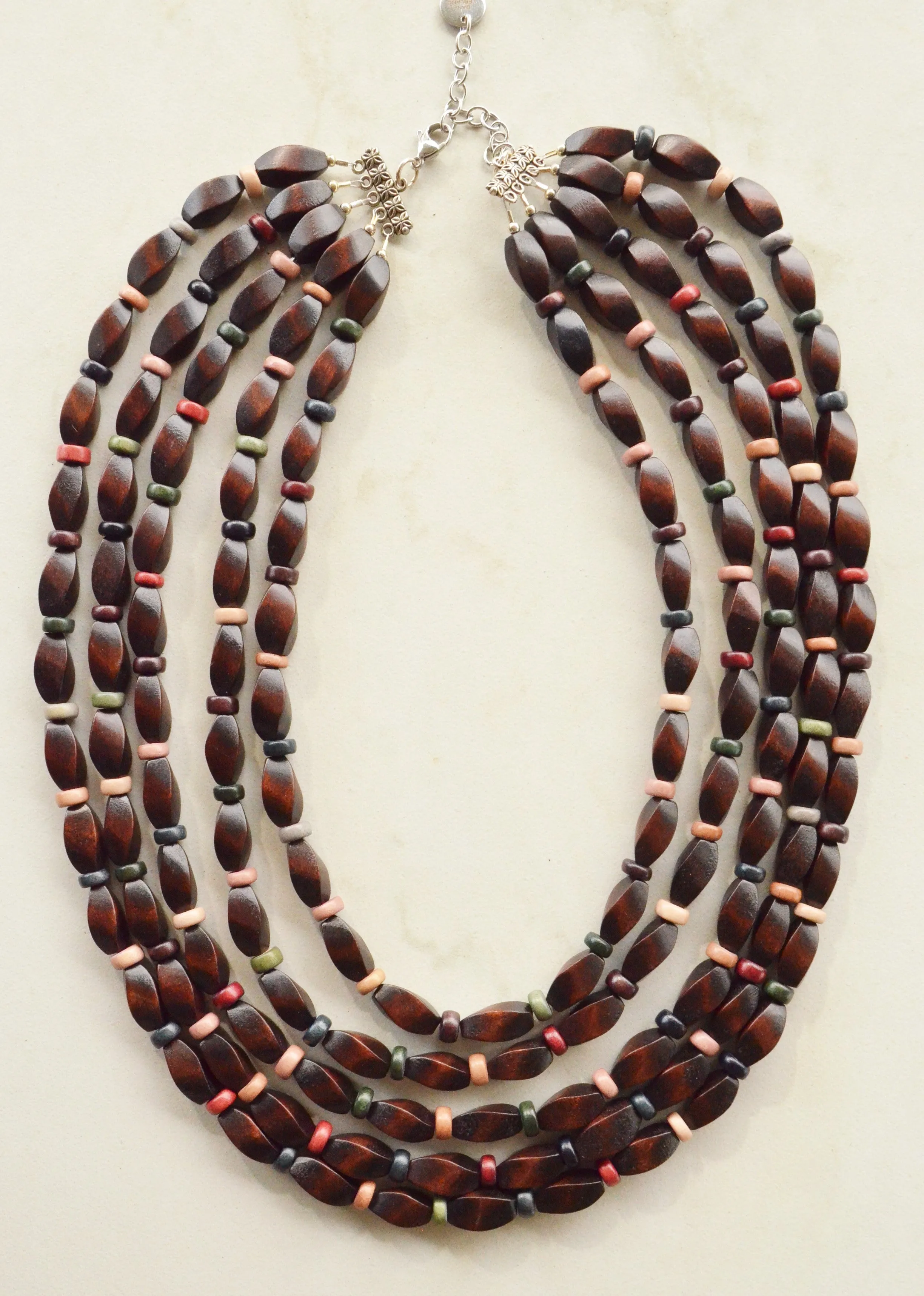 Brown Multi Color Wood Statement Multi Strand Beaded Chunky Necklace - Sabrina