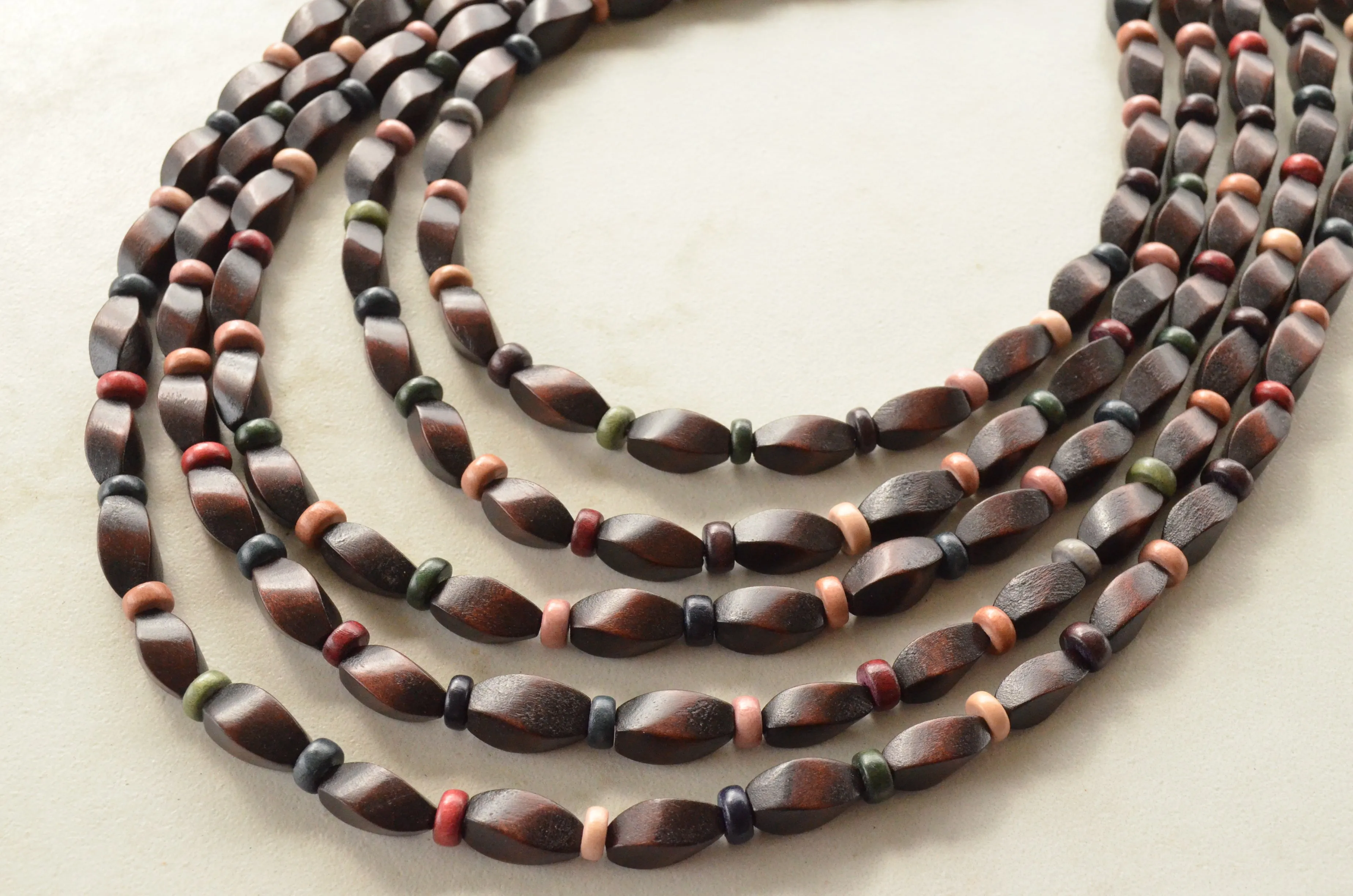 Brown Multi Color Wood Statement Multi Strand Beaded Chunky Necklace - Sabrina