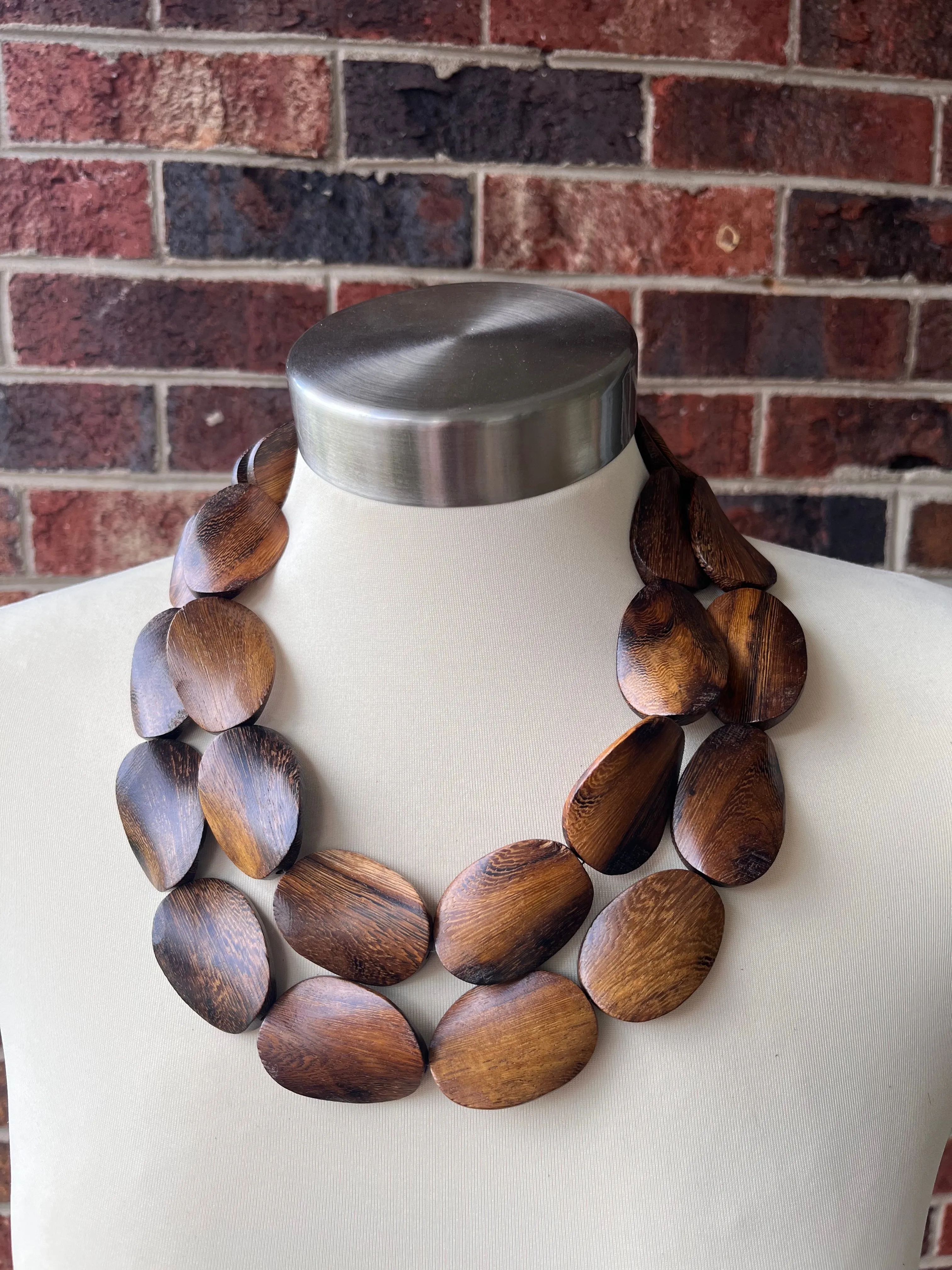 Brown Wood Beaded Boho Statement Chunky Multi Strand Necklace - Miranda