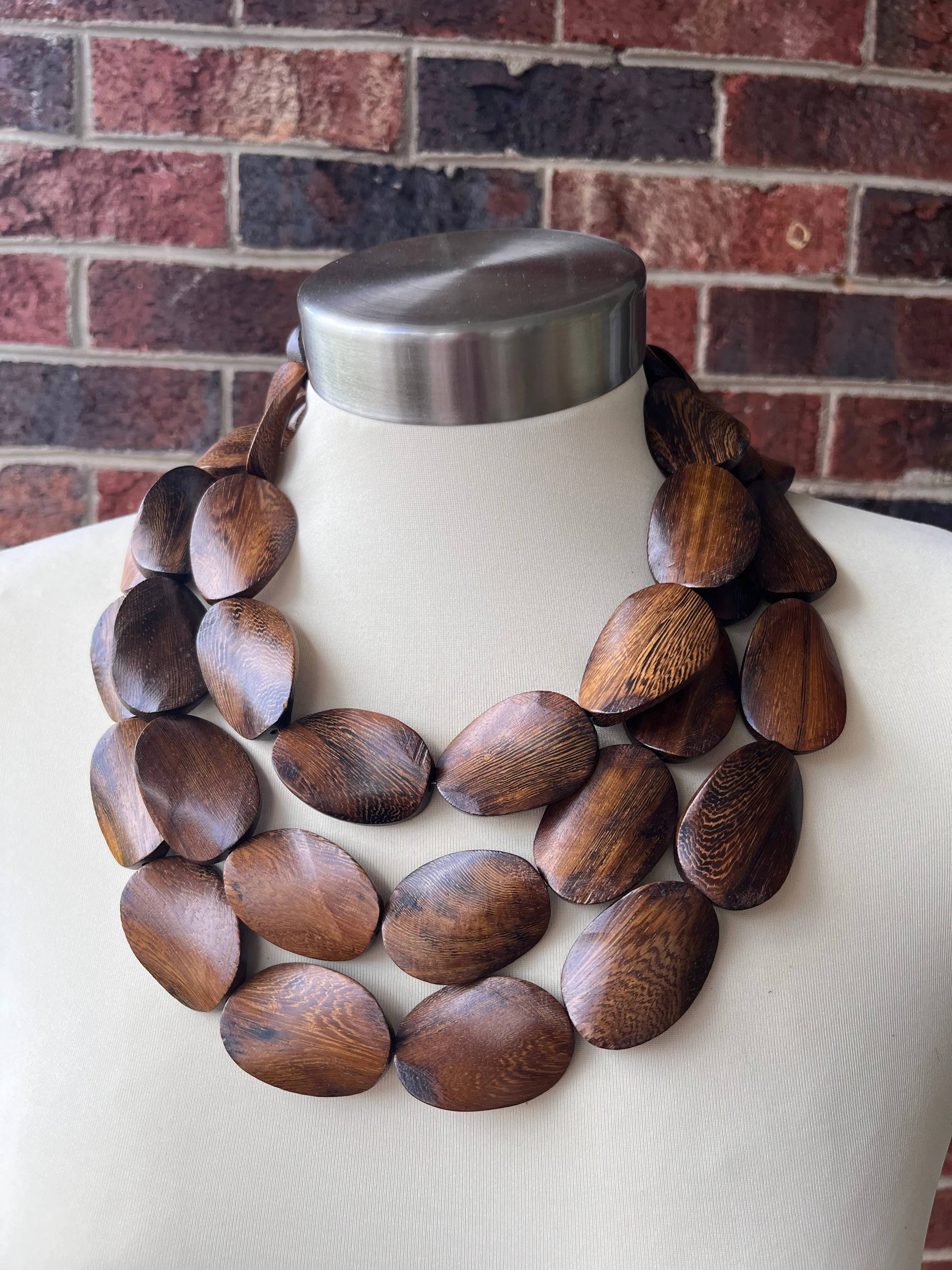 Brown Wood Beaded Boho Statement Chunky Multi Strand Necklace - Miranda