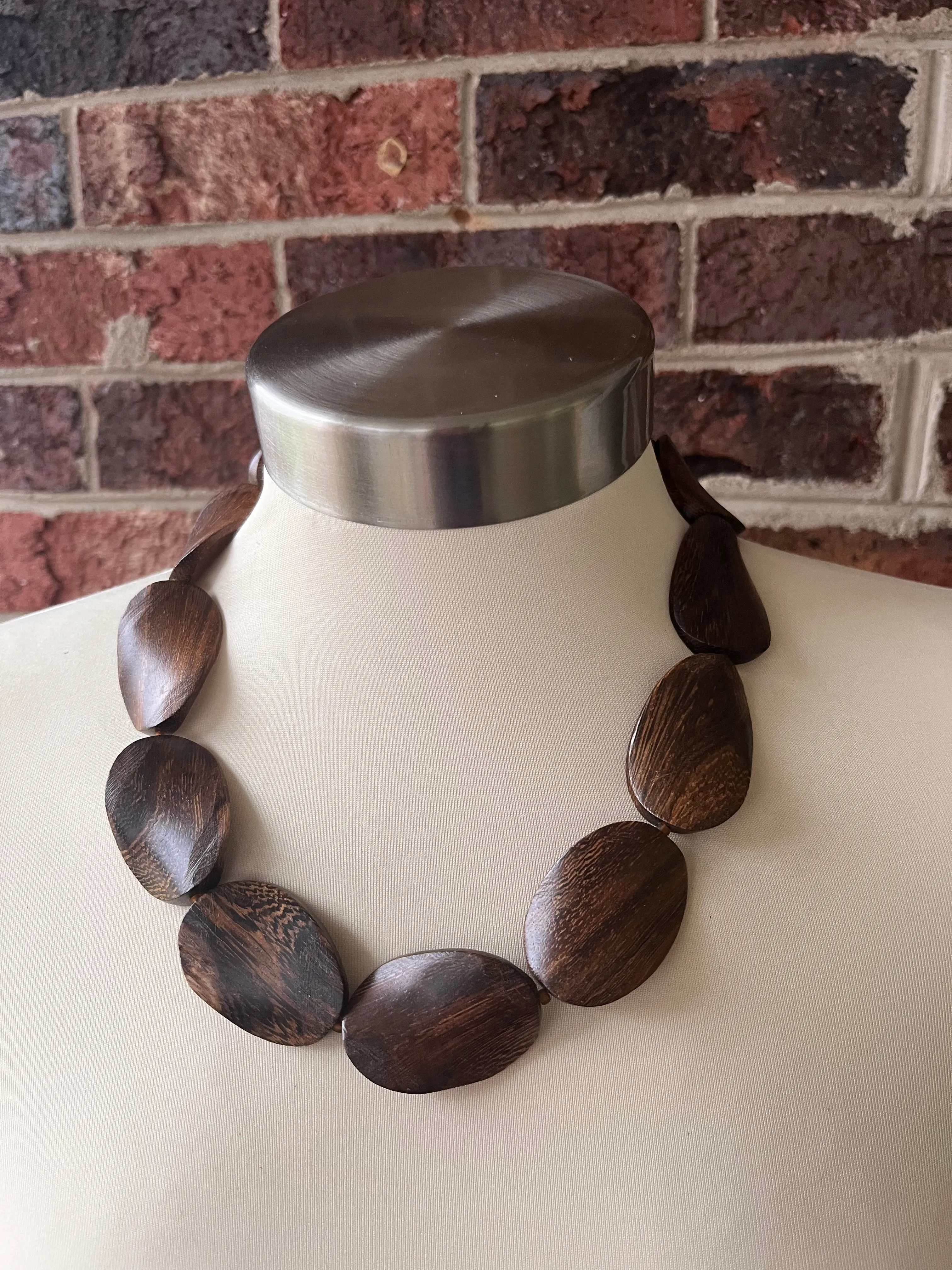 Brown Wood Beaded Boho Statement Chunky Multi Strand Necklace - Miranda