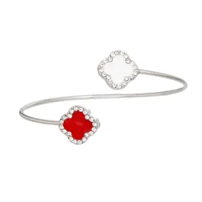 Bypass Dual Clover Bangle: Red and White Open Cuff Bracelet with Rhinestone Accents for Women