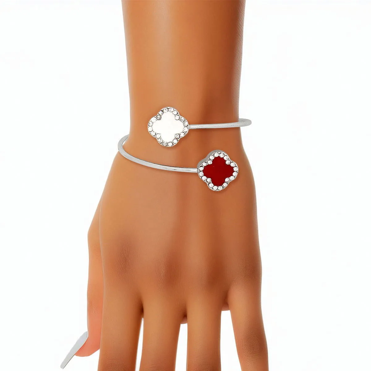 Bypass Dual Clover Bangle: Red and White Open Cuff Bracelet with Rhinestone Accents for Women