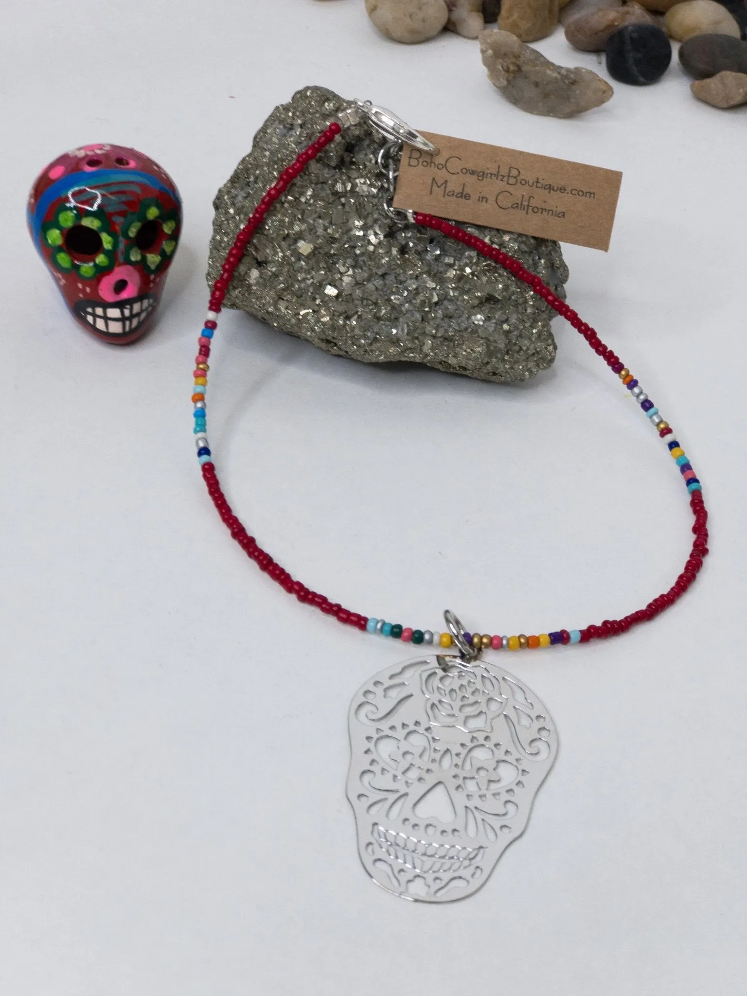 Calavera Beaded Red Serape Choker Necklace