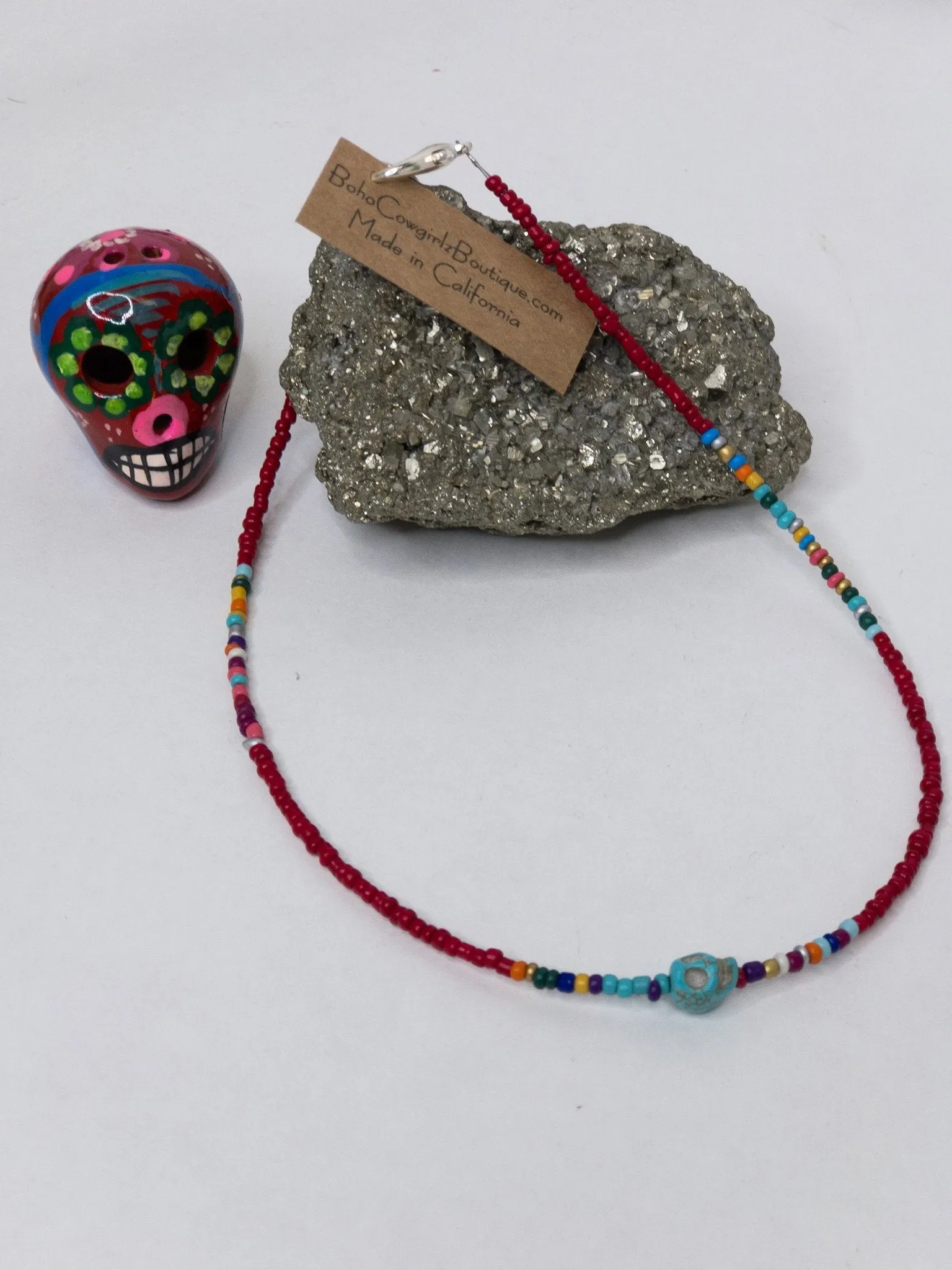 Calavera Red Serape Beaded Choker Necklace