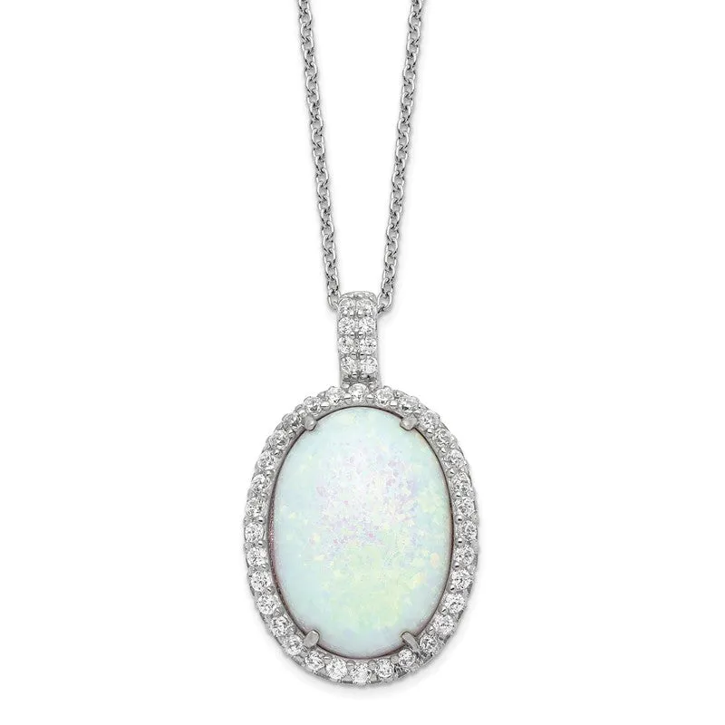 Cheryl M Sterling Silver Oval Opal & CZ Halo Pendant Necklace