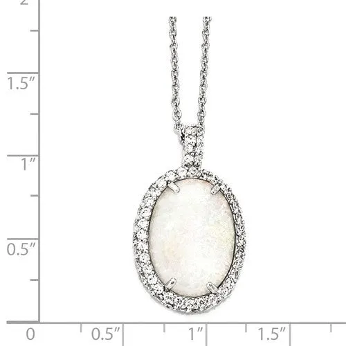 Cheryl M Sterling Silver Oval Opal & CZ Halo Pendant Necklace