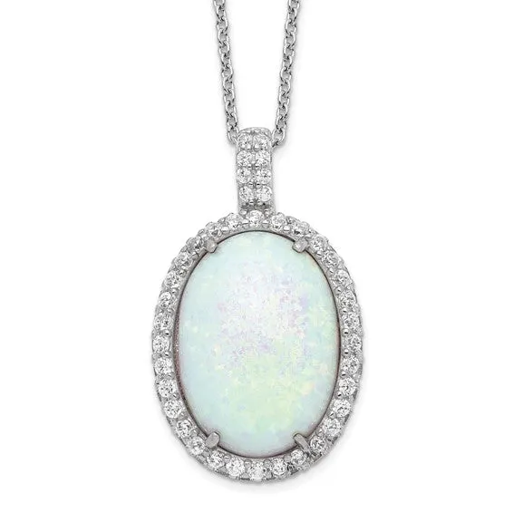 Cheryl M Sterling Silver Oval Opal & CZ Halo Pendant Necklace