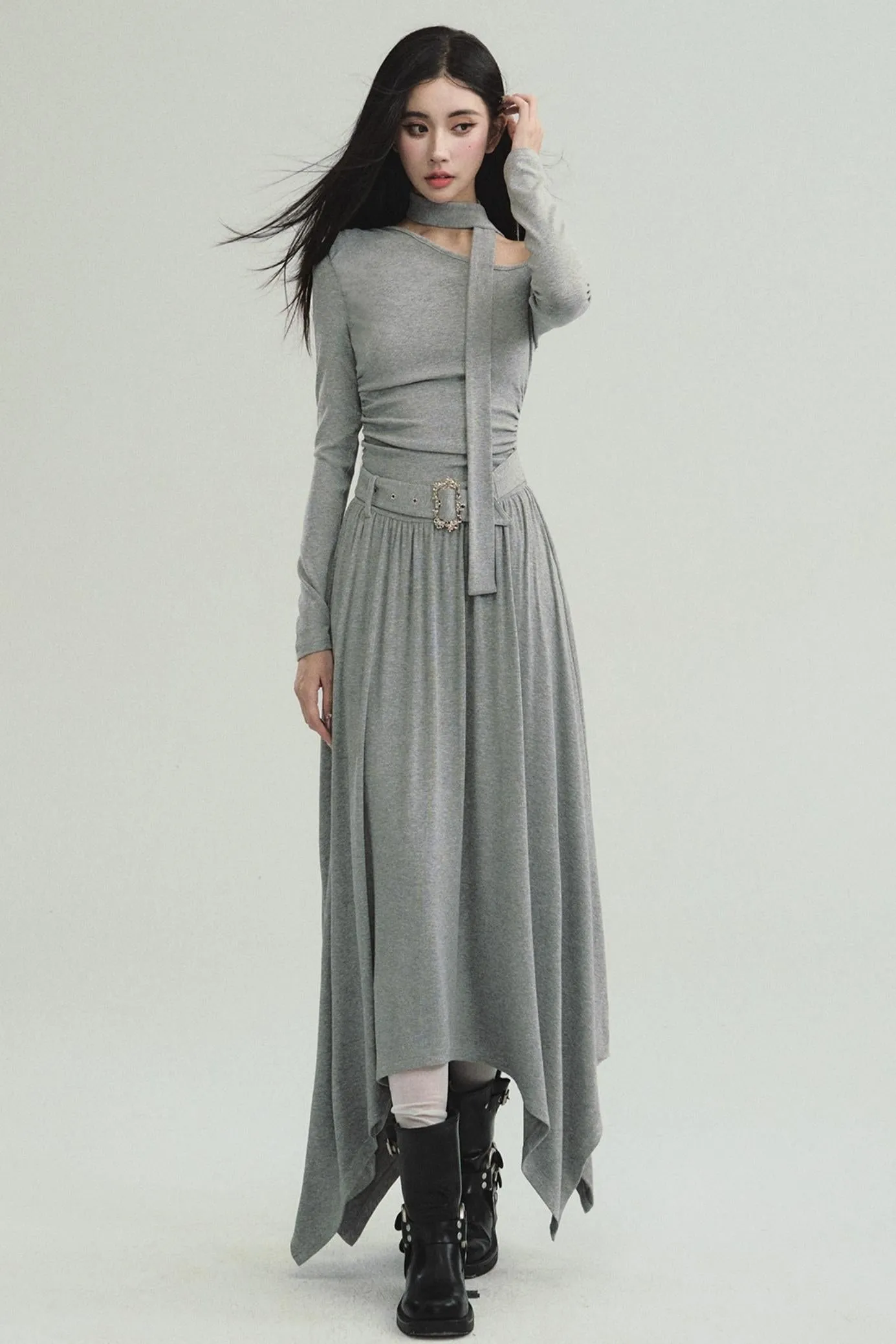 Cold Shoulder Choker Maxi Dress - Grey Gothic Asymmetric Dress