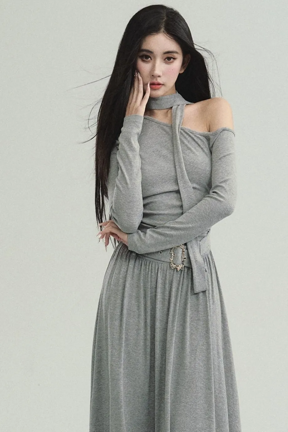 Cold Shoulder Choker Maxi Dress - Grey Gothic Asymmetric Dress