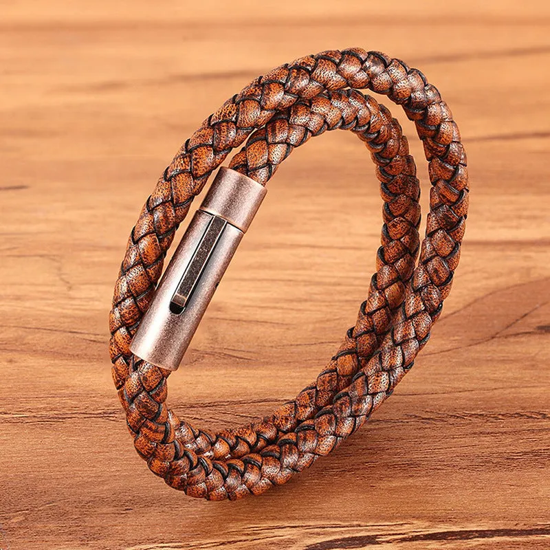 Copper Color Titanium Steel Bracelet Leather Cord Braided Magnet Clasp Bracelet