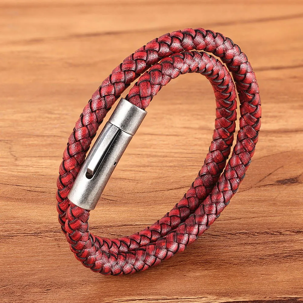 Copper Color Titanium Steel Bracelet Leather Cord Braided Magnet Clasp Bracelet