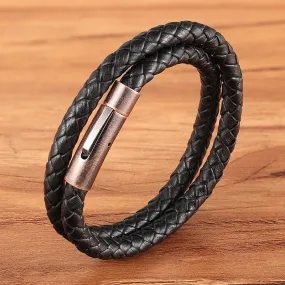 Copper Color Titanium Steel Bracelet Leather Cord Braided Magnet Clasp Bracelet