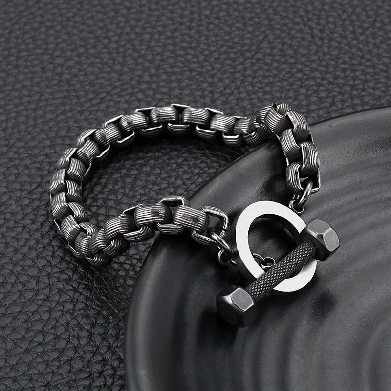 Creative Titanium Steel Square Pearl Bracelet for Men - Punk Retro Barbell Hand Jewelry