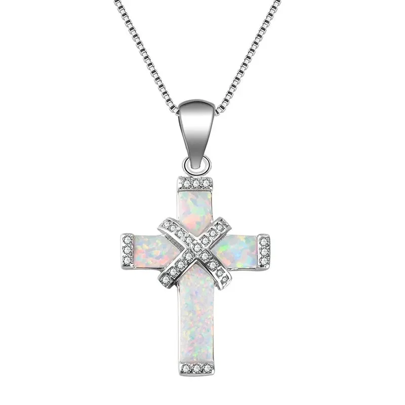 Cross Necklace White/Blue Imitation Fire Opal Zircon