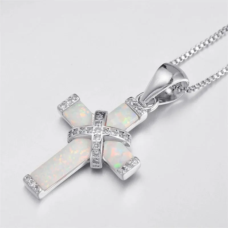 Cross Necklace White/Blue Imitation Fire Opal Zircon