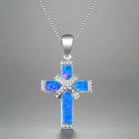 Cross Necklace White/Blue Imitation Fire Opal Zircon