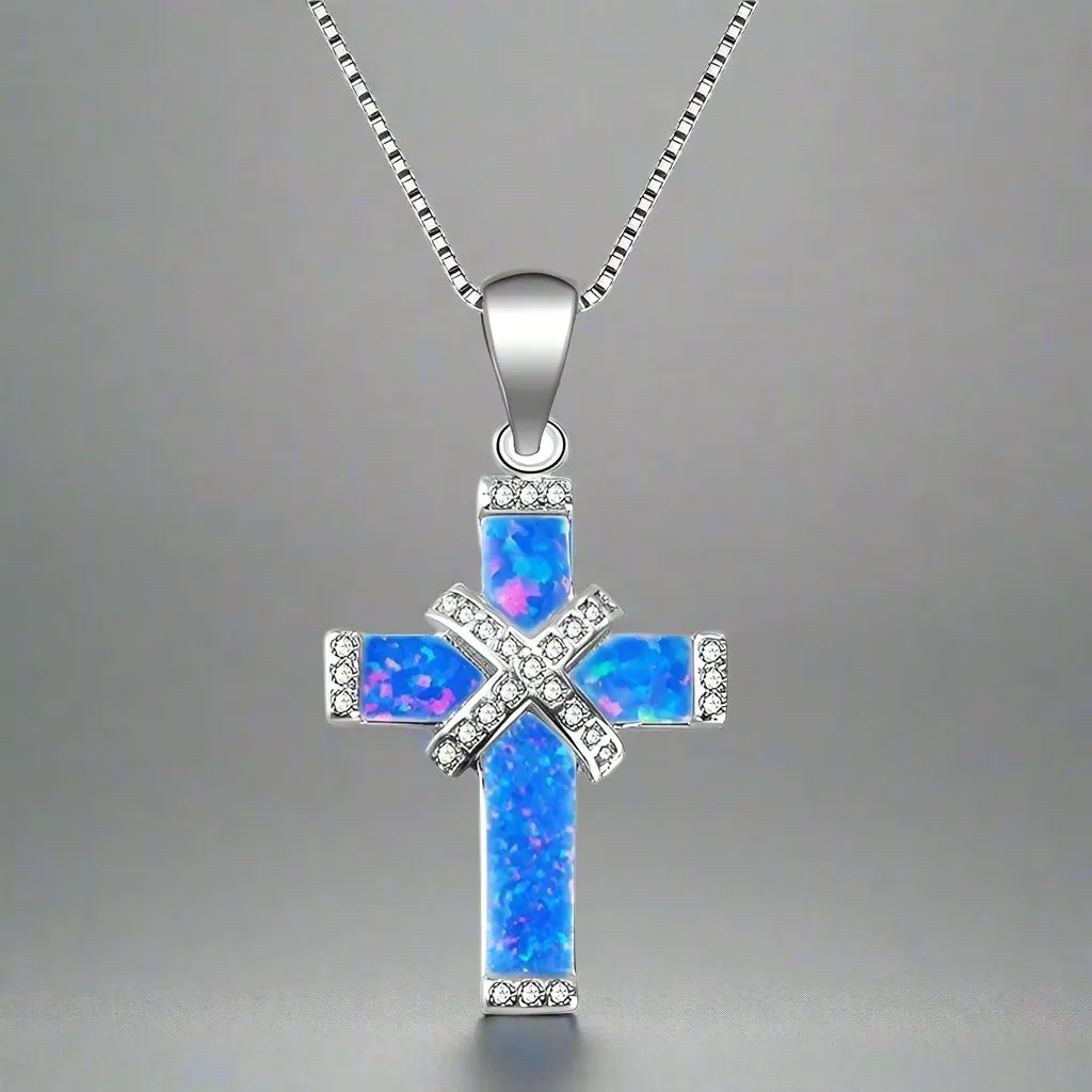 Cross Necklace White/Blue Imitation Fire Opal Zircon