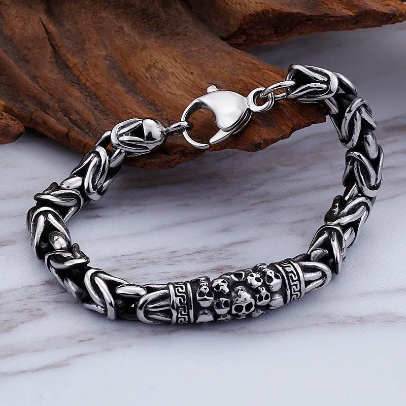 Custom Engraved Titanium Steel Men's Skull Bracelet with Retro Safety Pattern