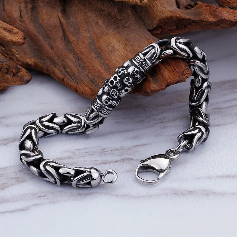 Custom Engraved Titanium Steel Men's Skull Bracelet with Retro Safety Pattern