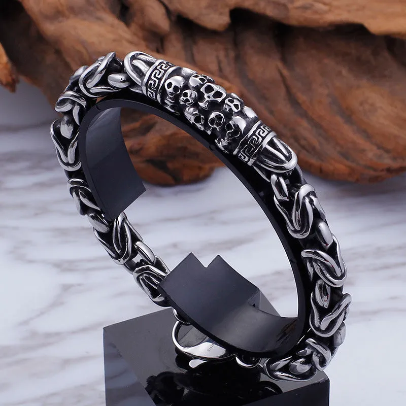 Custom Engraved Titanium Steel Men's Skull Bracelet with Retro Safety Pattern