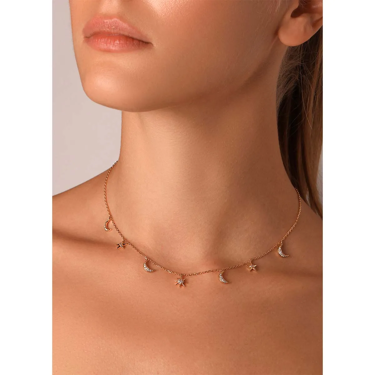 Dangling Moon & Stars Round Diamond Choker