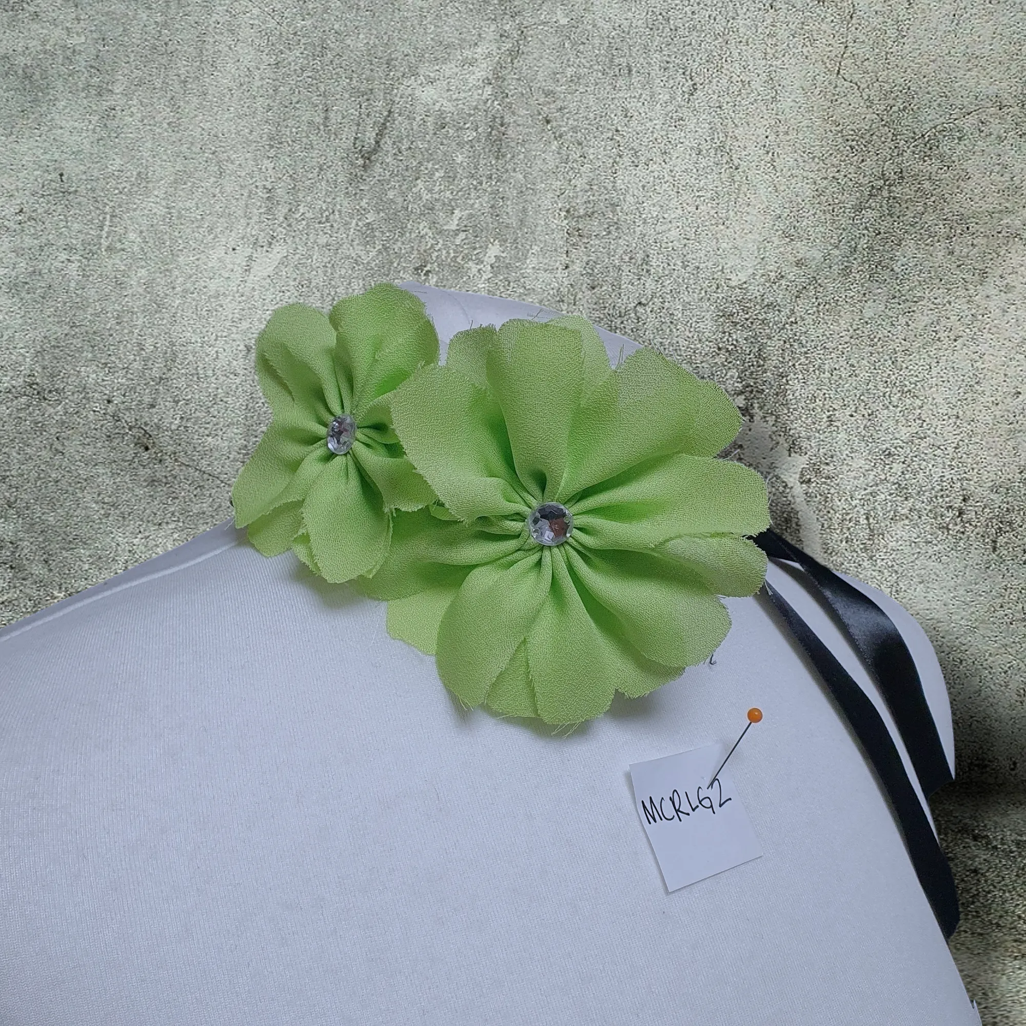 Double Flower Choker Corsage Handmade Recycled Material, Ribbon Tie, Lime Green Black Ribbon