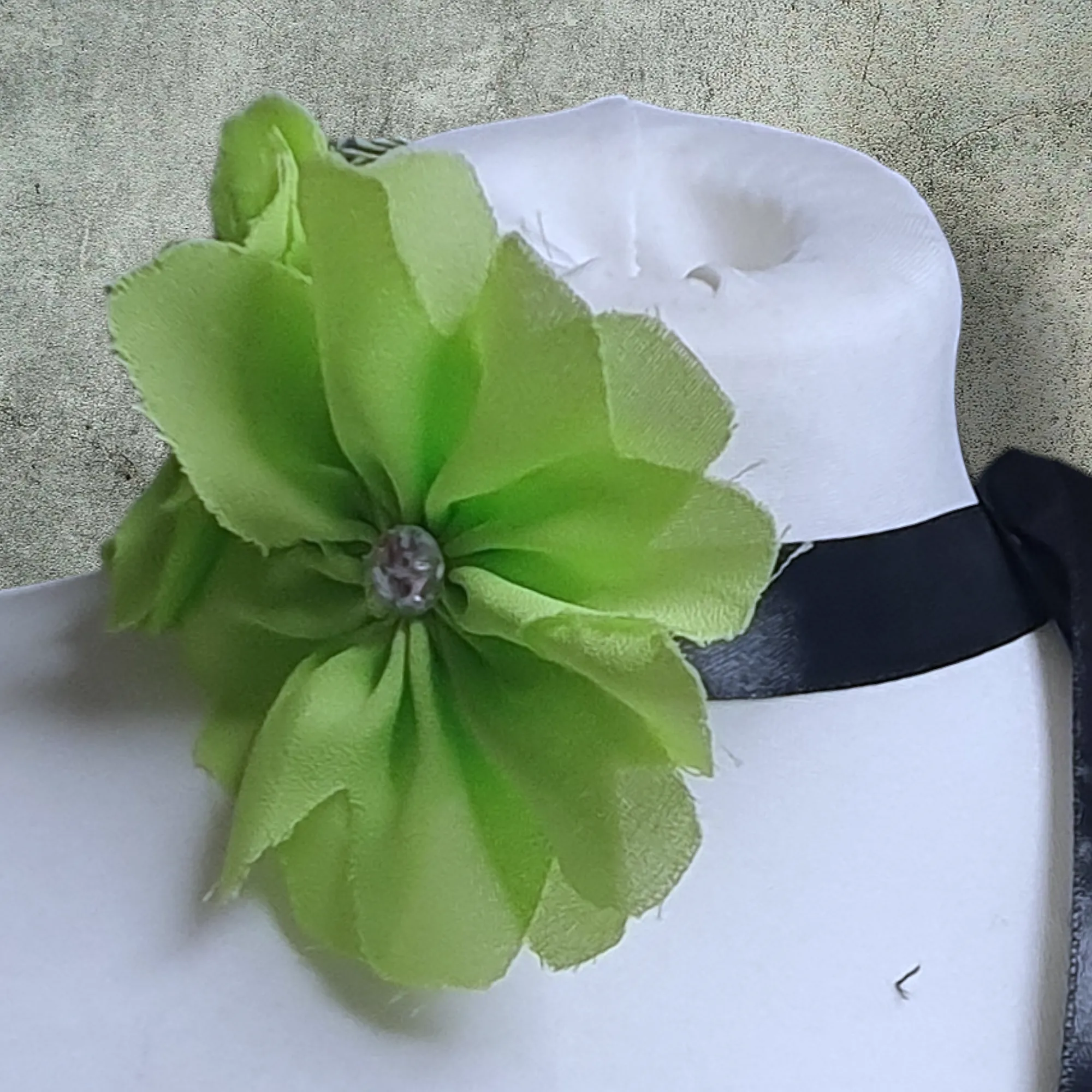 Double Flower Choker Corsage Handmade Recycled Material, Ribbon Tie, Lime Green Black Ribbon