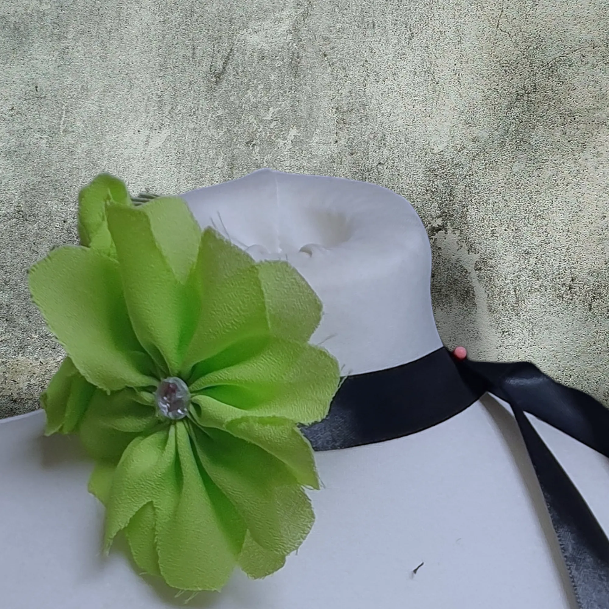 Double Flower Choker Corsage Handmade Recycled Material, Ribbon Tie, Lime Green Black Ribbon