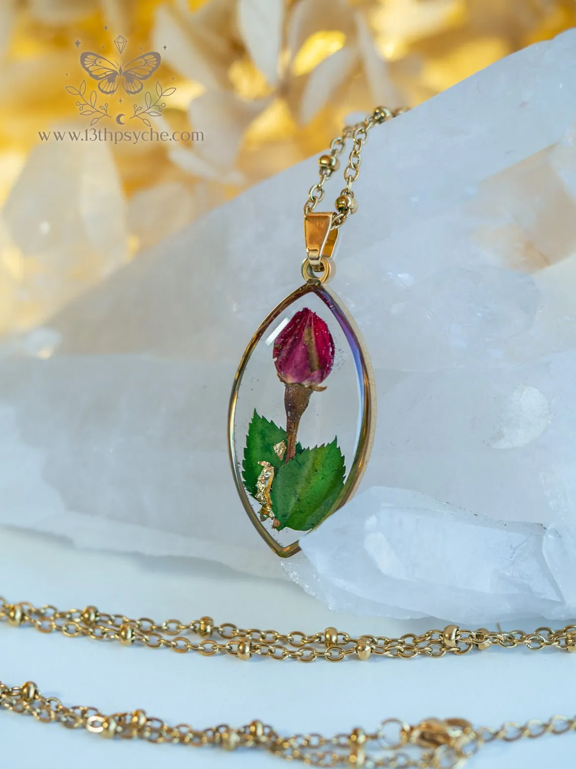 Dried rose bud resin pendant necklace